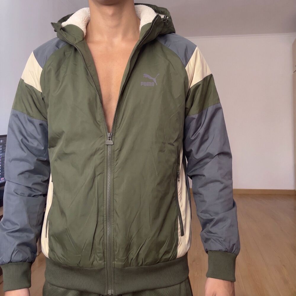 Puma Vintage Rare Winter Wind Jacket Glanz Sherpa Windbreaker Green Beige Gray L